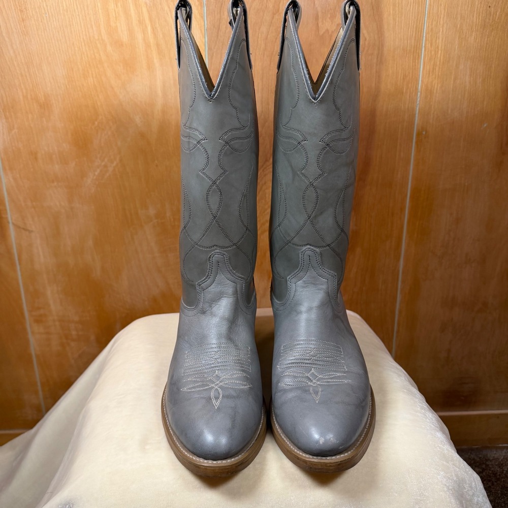 Acme Grey Cowboy Boots Made in USA Tall Western Embroidered Men's 9.5